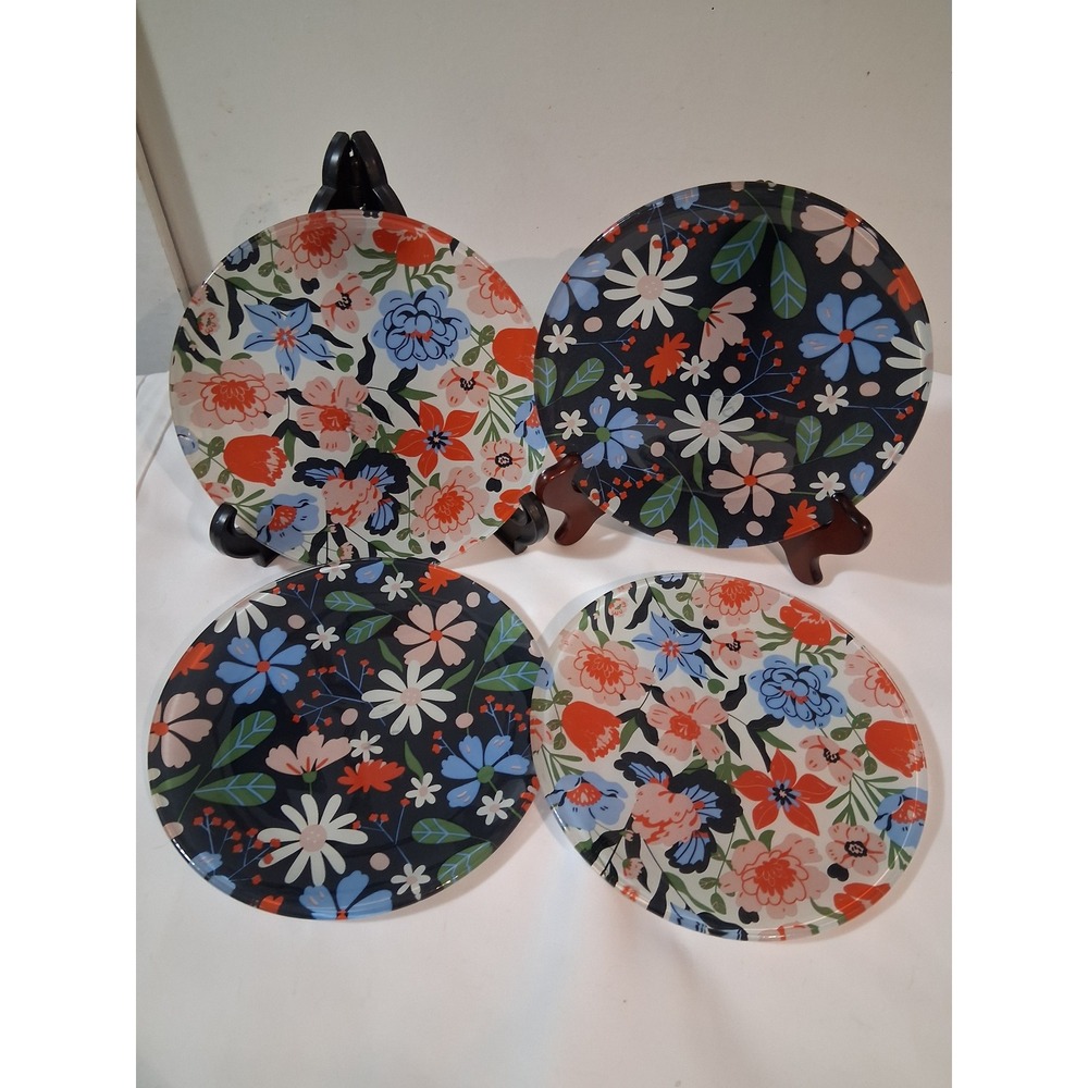 TMD Retail Floral Glass Appetizer Plates Set of 4 Navy White Multi Color 7.5 in